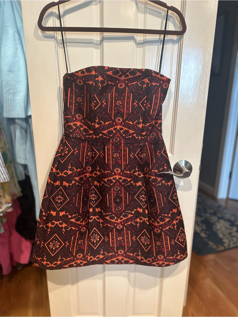 Alice + Olivia Strapless Black and Orange Patterned Fit & Flare Dress